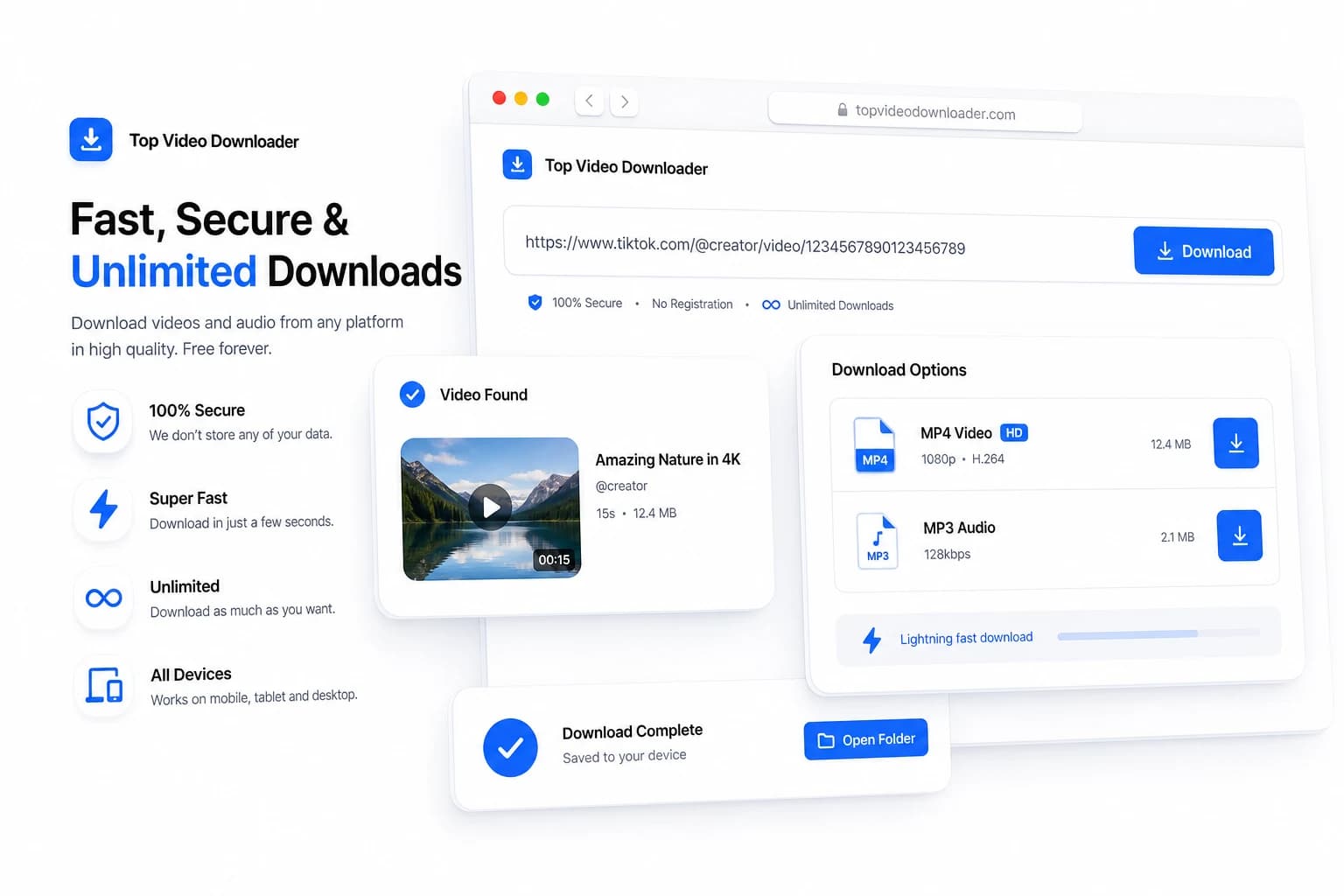 Download option cards showing MP4 and MP3 choices with security and device support highlights.