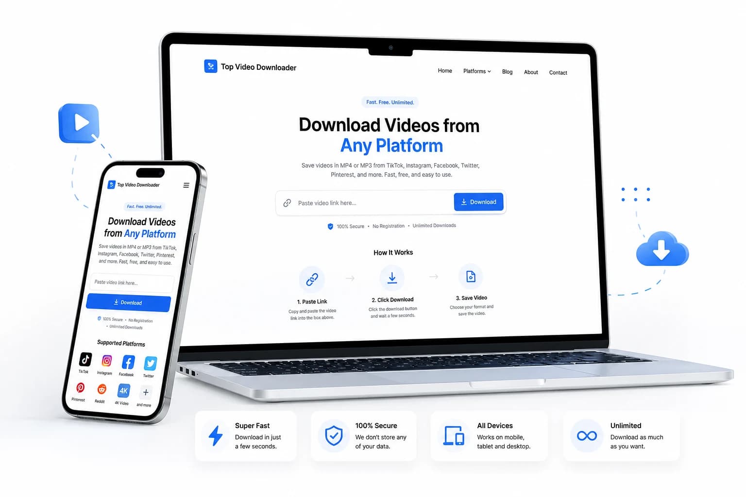 Top Video Downloader shown across laptop and phone screens with a clean download interface.