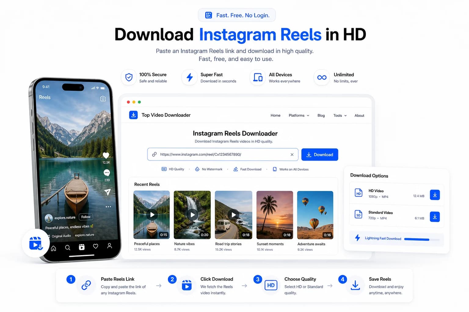 Instagram Reels downloader hero graphic with vertical reel previews and HD save options.
