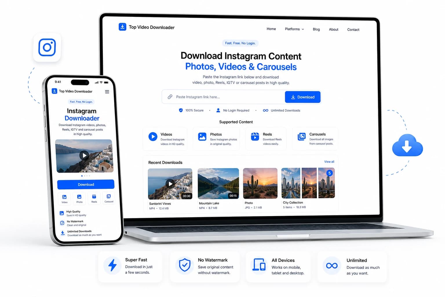 Instagram downloader mockup with video, photo, and carousel-style media cards.