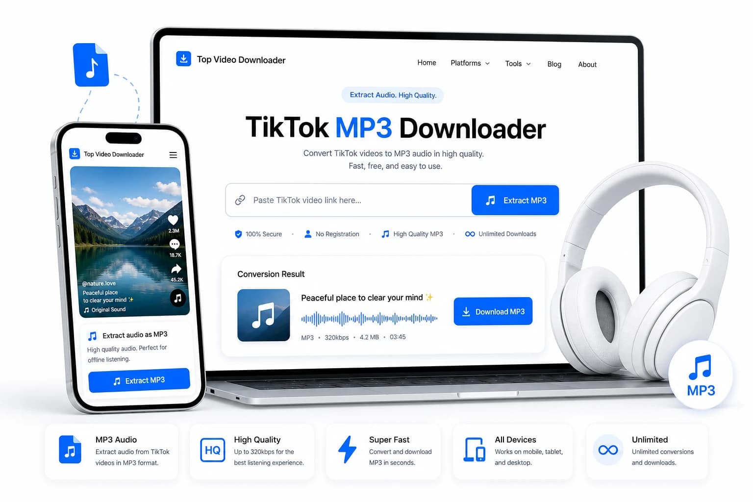 TikTok MP3 downloader visual with audio-focused UI cards, headphones, and blue action buttons.