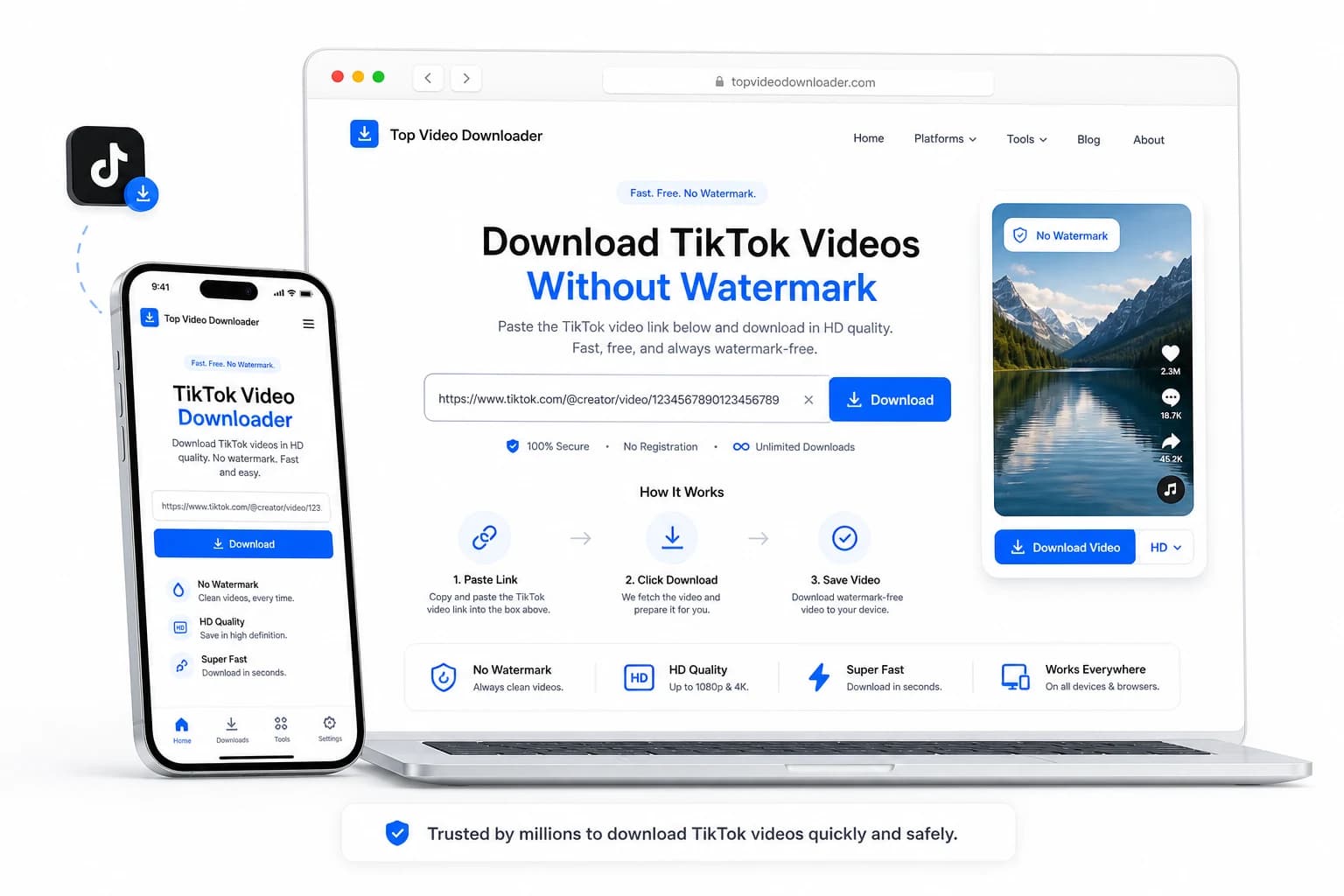 TikTok video downloader mockup with short-video preview cards and a clean blue call to action.
