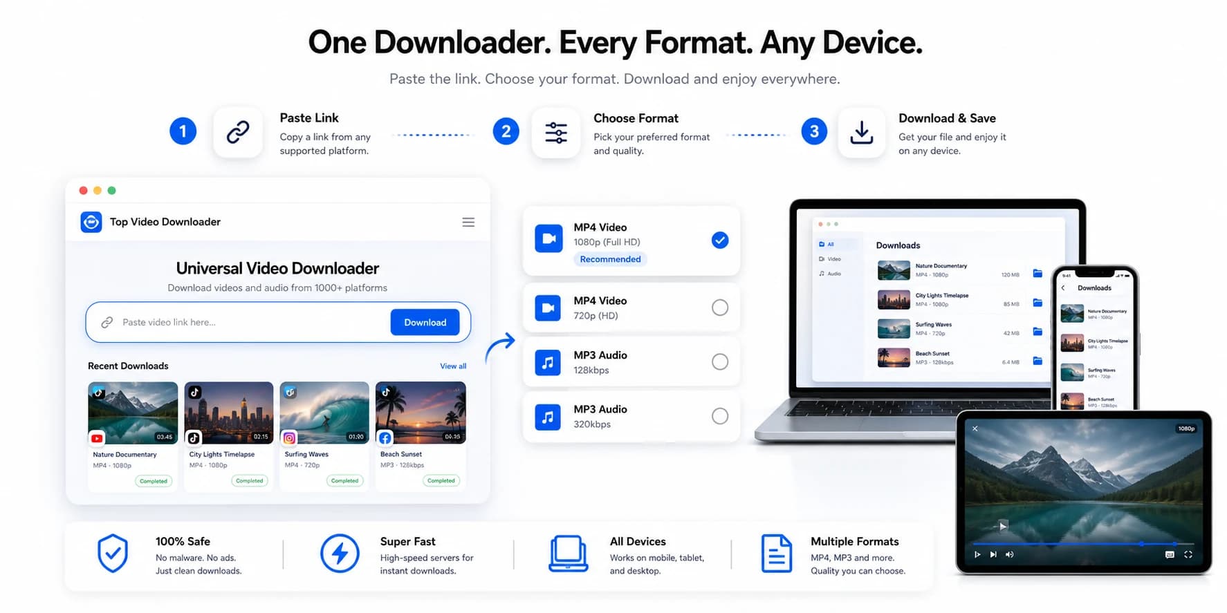 Universal video downloader workflow showing link input, MP4 and MP3 outputs, and cross-device saving.