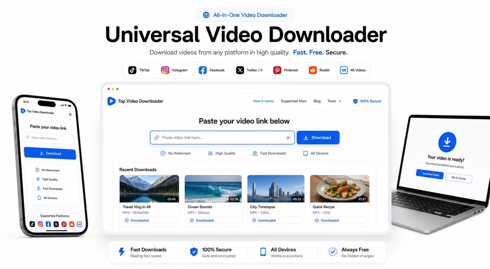 Universal video downloader interface with multi-platform support on a clean white background.